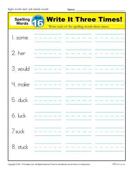 1st Grade Spelling Words Week 16 - K12Reader Spelling Curriculum