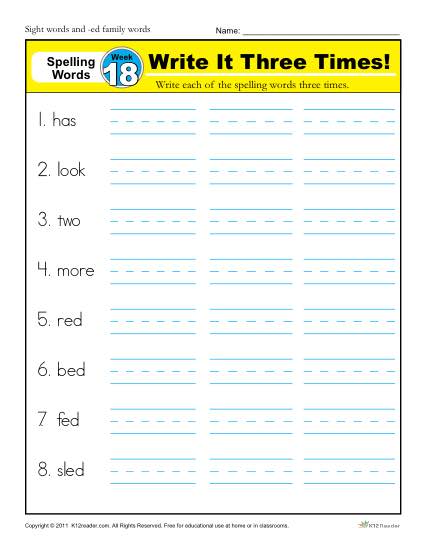 1st Grade Spelling Words Week 18 - K12Reader Spelling Curriculum