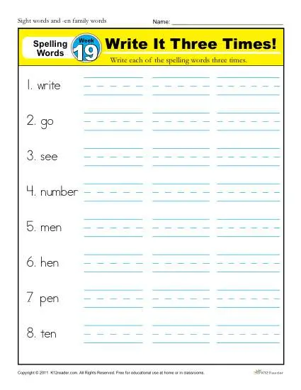 1st Grade Spelling Words Week 19 - K12Reader Spelling Curriculum