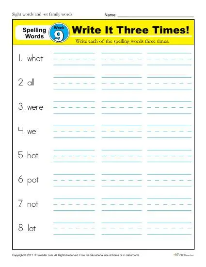1st Grade Spelling Words Week 9 - K12Reader Spelling Curriculum