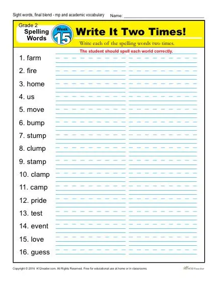 2nd Grade Spelling Words Week 15 – K12Reader Spelling Curriculum