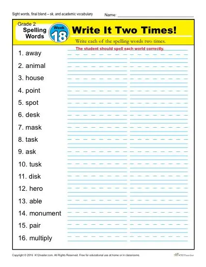 2nd Grade Spelling Words Week 18 – K12Reader Spelling Curriculum