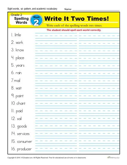 Second Grade Spelling Words List - Week 2 | K12reader