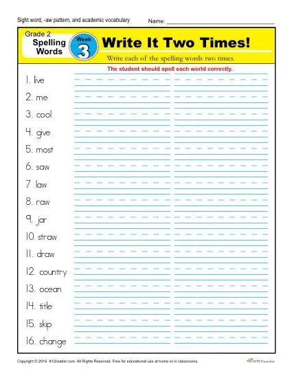 second grade spelling words list week 3 k12reader