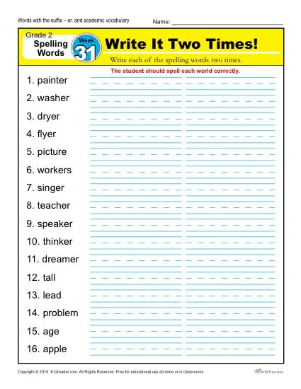 2nd Grade Spelling Words Week 31 – K12Reader Spelling Curriculum