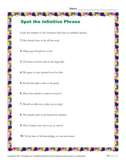 Which Sentences have an Infinitive Phrase? Printable Worksheet