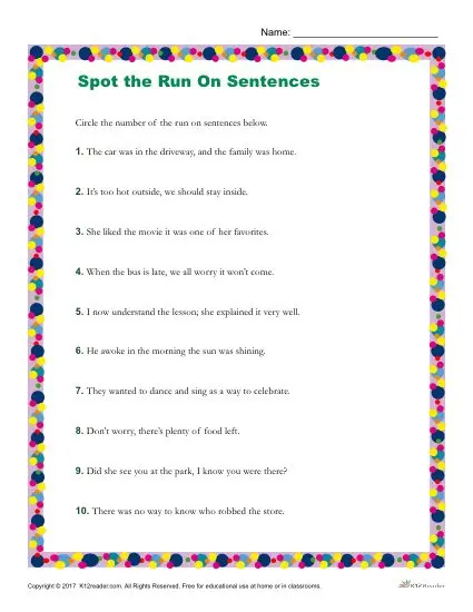 Run On Sentence Worksheet