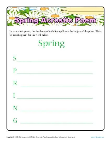 Spring Acrostic Poem Worksheet for 1st, 2nd and 3rd Grade