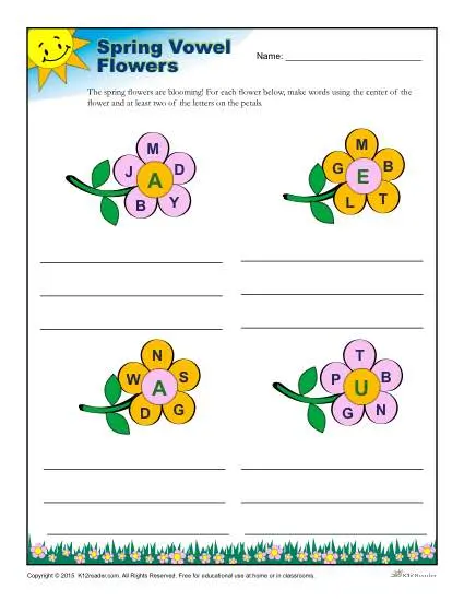 Spring Season Reading Worksheet - Vowel Flowers