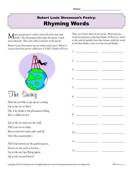 Robert Louis Stevenson Printable Activity - Rhyming Words