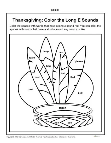 Thanksgiving Activity - Color the Long e Sounds