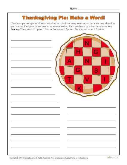 Thanksgiving Pie - Make a Word Activity