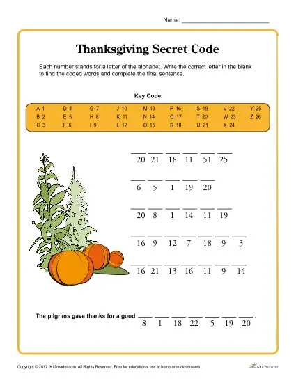 thanksgiving worksheet activity secret code