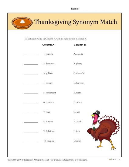 Thanksgiving Worksheet Activity | Synonym Match