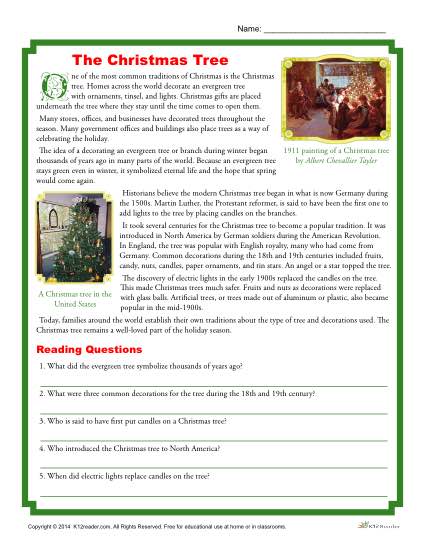 the christmas tree printable reading comprehension activity