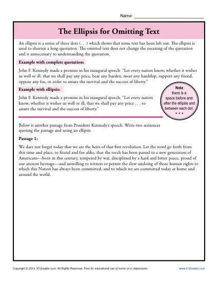 Punctuation Worksheet - Using an Ellipsis for Omitting Text