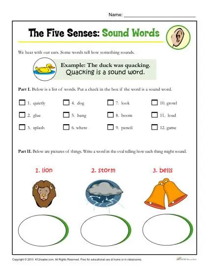 The Five Senses Printable Worksheet Activity for Kindergarten and First Grade - Sound Words