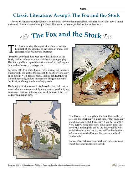 Free, Printable Reading Comprehension Activity Set - The Fox and the Stork