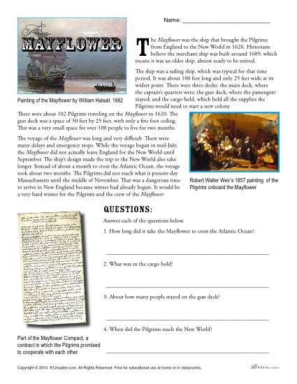 Thanksgiving Worksheets - The Mayflower Reading Activity