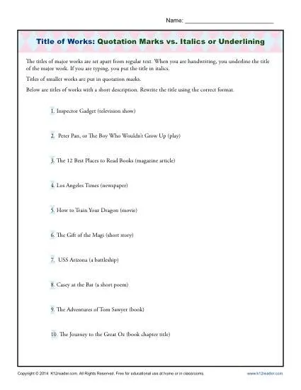 Titles of Works - Quotation Marks, Italics, or Underline - Worksheet Activity for Students