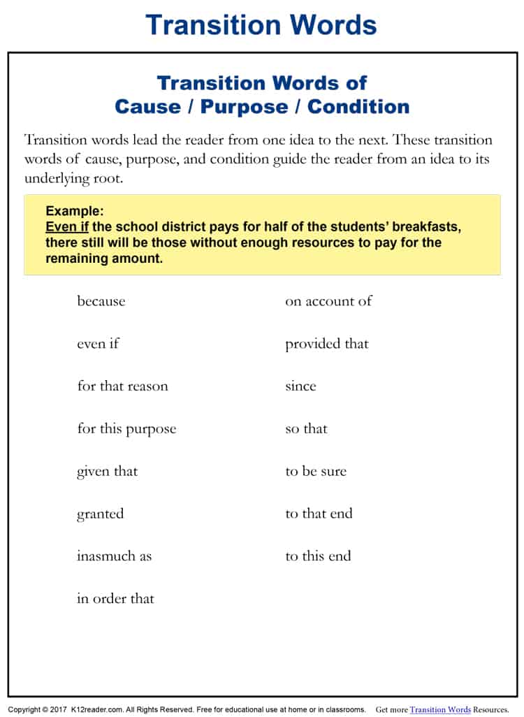 Cause, Purpose and Condition Transition Words