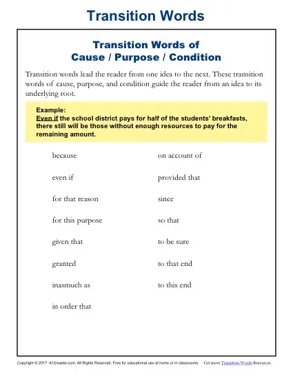 Transition Words List - Cause, Purpose and Condition