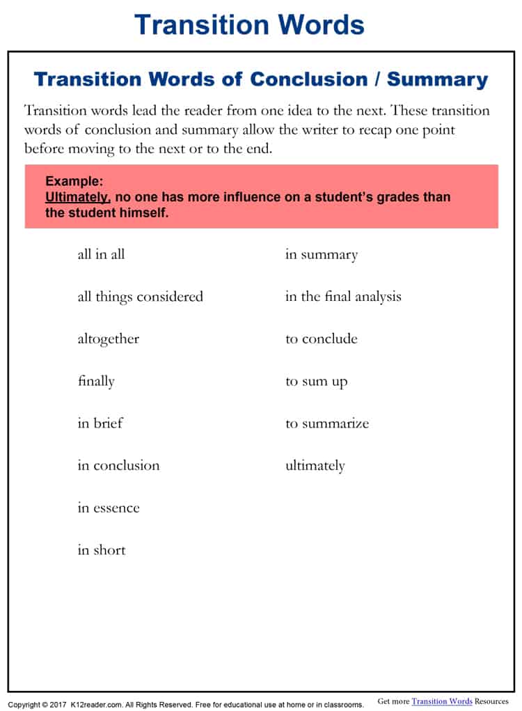 conclusion transition words high school