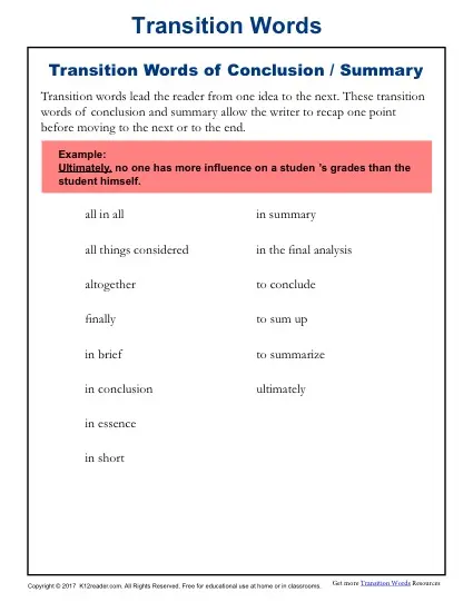 Conclusion and Summary Transition Words List