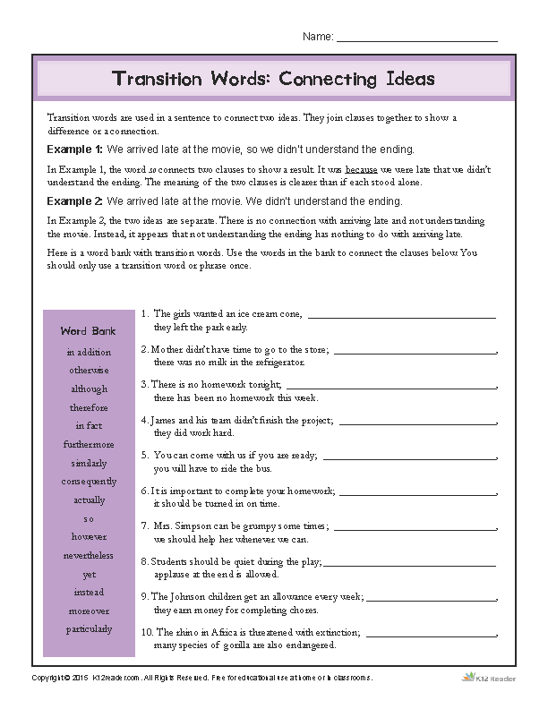 Using Transition Words to Connect Ideas - Printable Worksheet Activity