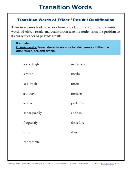 Transition Words Resources Worksheets K12reader