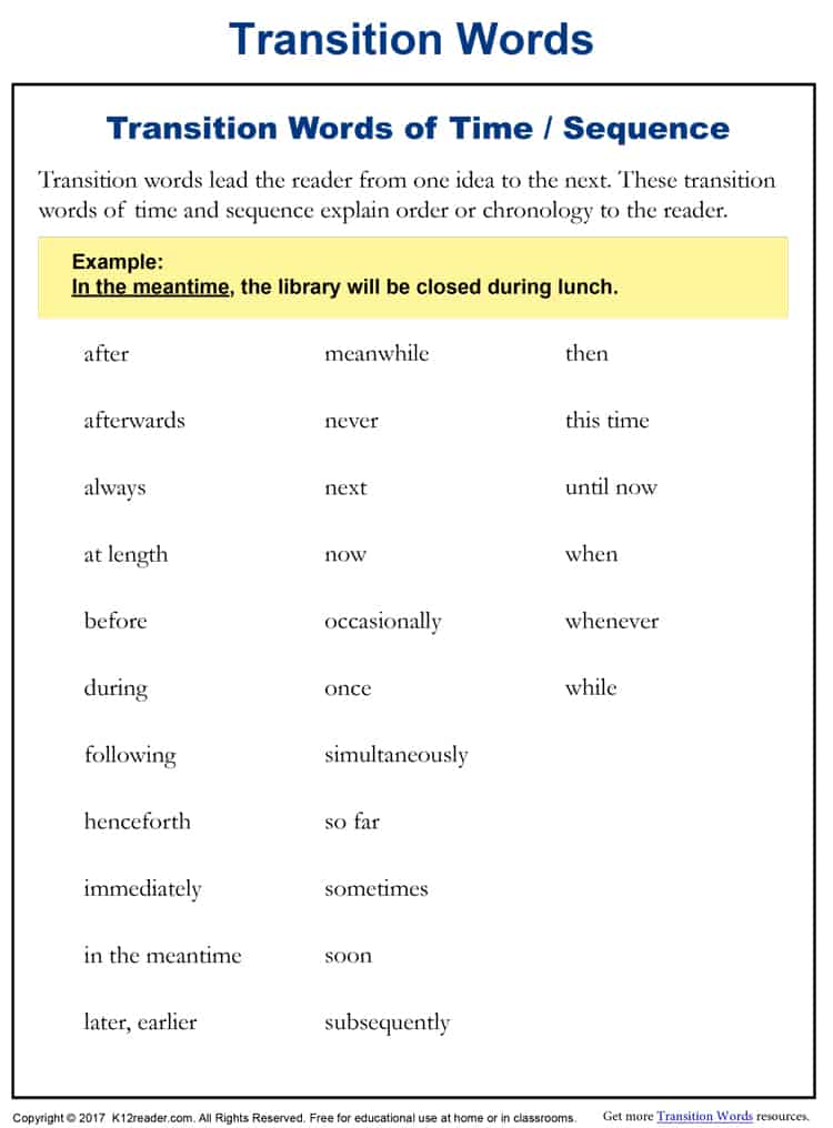 Time and Sequence Transition Words | K12reader.com