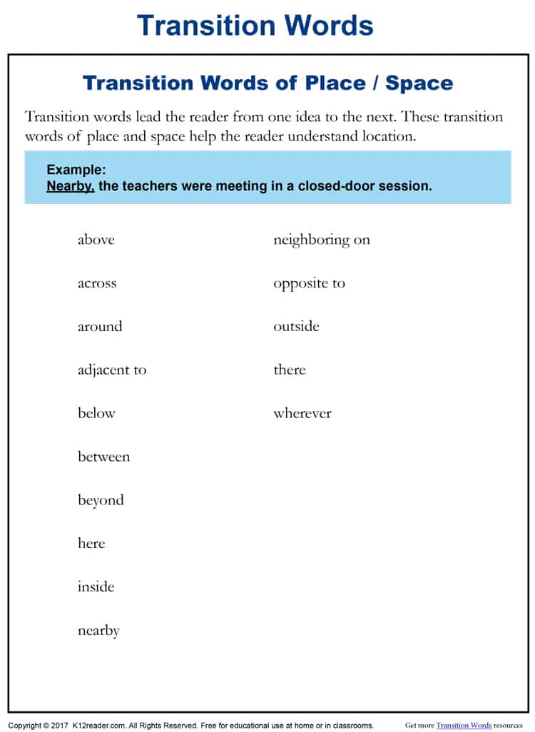 Place and Space Transition Words