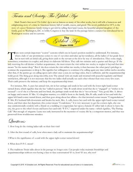 Reading Comprehension Worksheet - Mark Twain and The Gilded Age