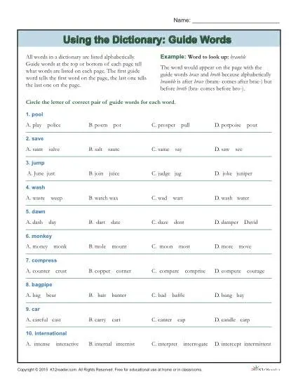 Using the Dictionary Worsheet Activity - Using Guide Words