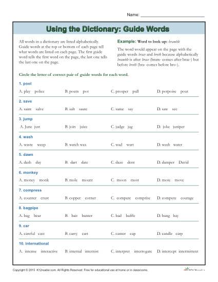 Dictionary Skills Worksheets | Guide Words
