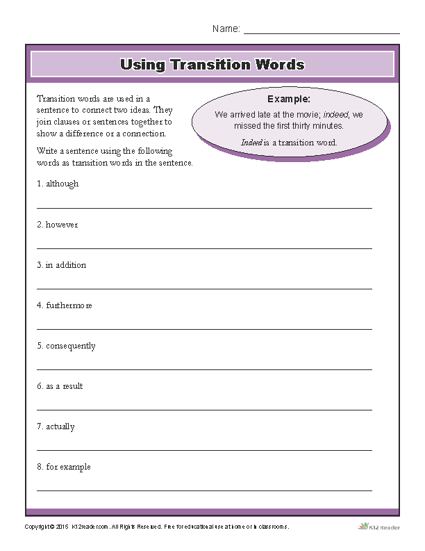 using transition words printable writing worksheet