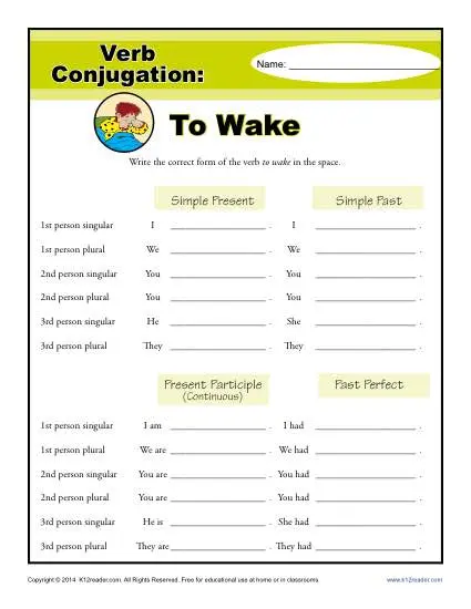 Verb Conjugation Worksheets - To Wake