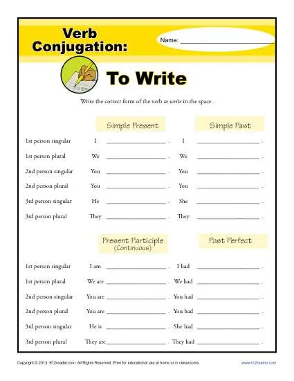 Verb Conjugation Worksheets - To Write