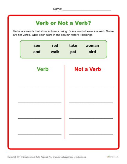 Verb or Not a Verb - Kindergarten and 1st Grade Worksheet