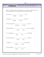 Verbals Worksheets | Parts of a Sentence