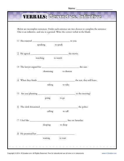 Verbals Worksheet Activity - Gerund Versus Infinitive