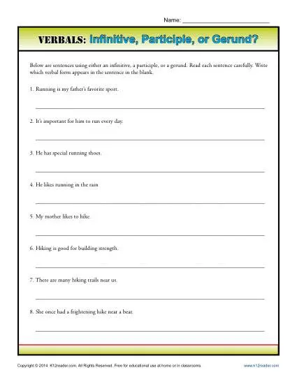 Verbals Worksheet Activity - Infinitive, Participle or Gerund?