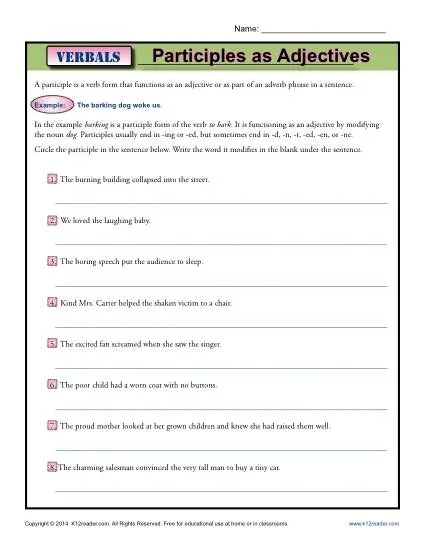 Verbal Worksheet Activity - Verbals, Participles as Adjectives