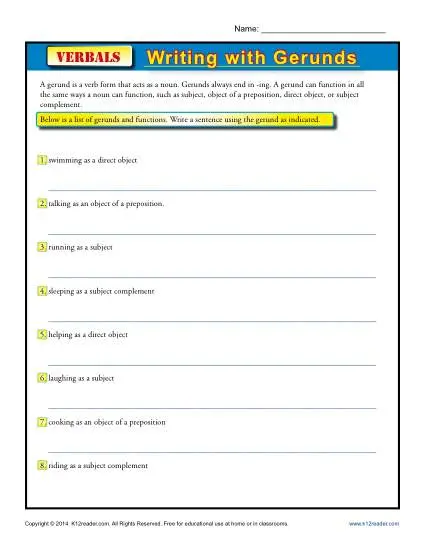 Verbals Worksheet - Writing with Gerunds