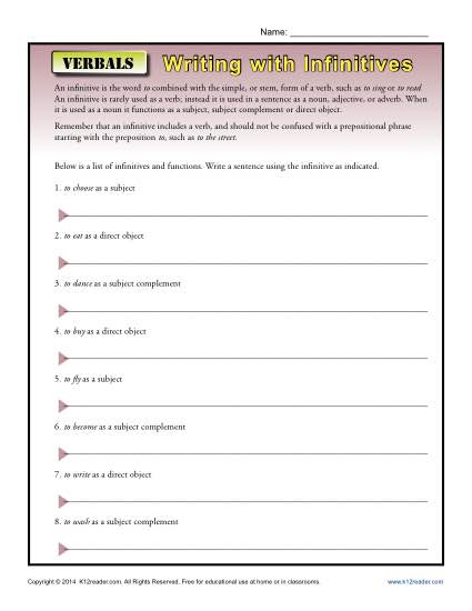 Verbals Worksheet Activity - Writing with Infinitives