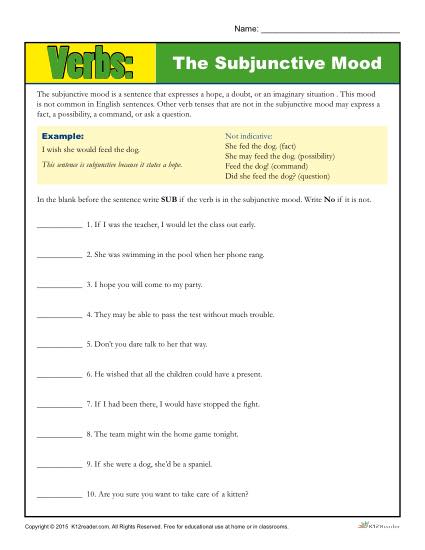 The Subjunctive Mood Verb Worksheet