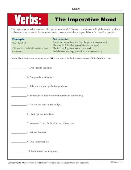 Practicing Verb Worksheet - The Imperative Mood