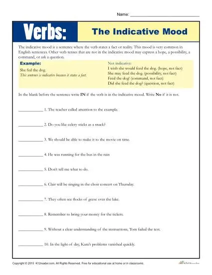 Practicing Verbs Worksheet - The Indicative Mood