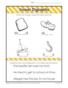 Vowel Diagraphs Worksheet Activity for Kids