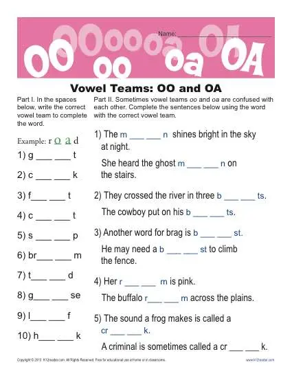 Vowel Teams oo and oa - Free, Printable Worksheet Lesson Activity